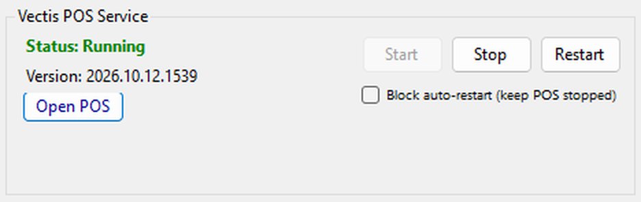 Vectis POS Service section: Status Running, Version 2026.10.12.1539, Open POS button